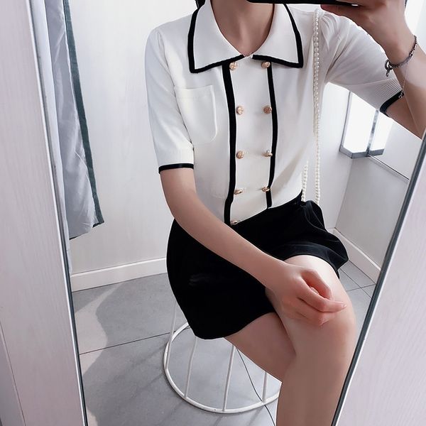 

anna shirt coco girl ~ double-breasted design sense niche contrast color knitted shirt summer thin, White