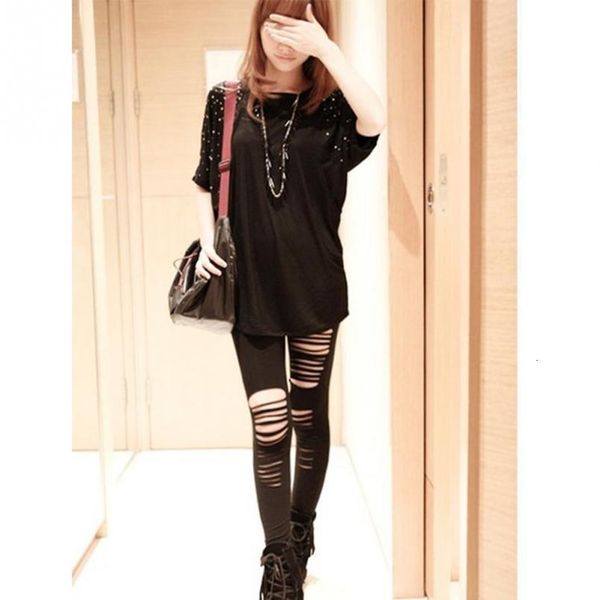 

fashion style summer leggings women cotton torn ripped hole ninth pant leggings brand new women clothing size, Black