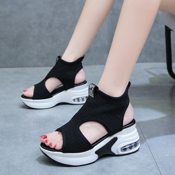 

rimocy comfortable platform sandals wedges shoes for women summer 2020 slip on chunky sandals woman high heels knitted sandalias, Black