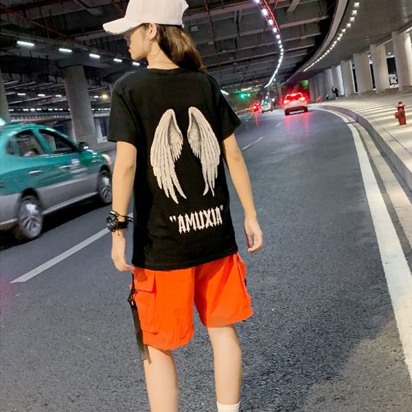 

2020 лето новые буквы + свободные брюки двухсекционный установить свободный harajuku bf хип-хоп стиль костюм для футболки футболки женщин, Gray