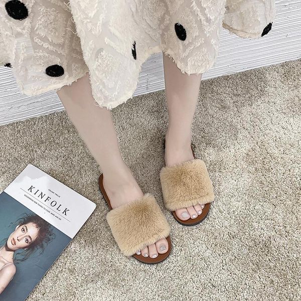 

leisure ladies casual outside fur slides female flat velvet ins shoes women rubber open toe flurry mules, Black
