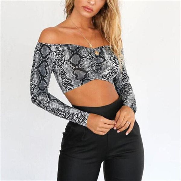 

women blouses snake skin crop off shoulder blouse ladies blouses and womens long sleeve slim blouse, White
