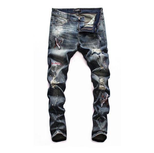

горячая продажа новых людей проблемные ripped байкер джинсы slim fit motorcycle biker denim для мужчин мода хип-хоп мужские джинсы роскошь м, Blue