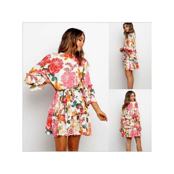 

women's leisure elegant fashion floral print round neck casual long-sleeve short dress, Black;gray