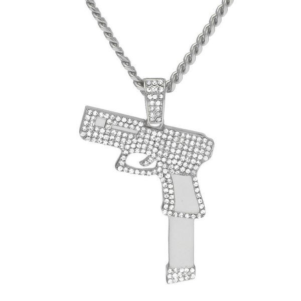 

новых женщины винтовка пистолет iced out rhinestone кристалл шарм золото handgun ожерелье мода хип-хоп ювелирные изделия, Silver