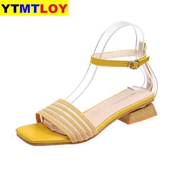 

knit low heel sandals women wood heel open toe candy colors summer stretch fabric sandals ladies square toe heels women 2020, Black