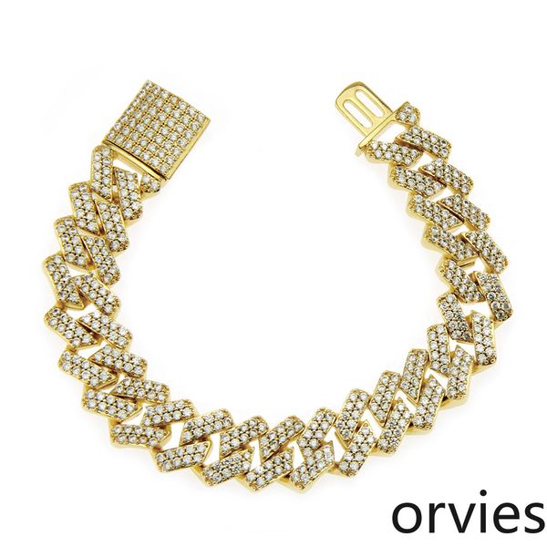 

european and american men 15mm diamond-shaped bar cuba chain exaggerated bracelet personality copper-encrusted zircon bracelet, Black