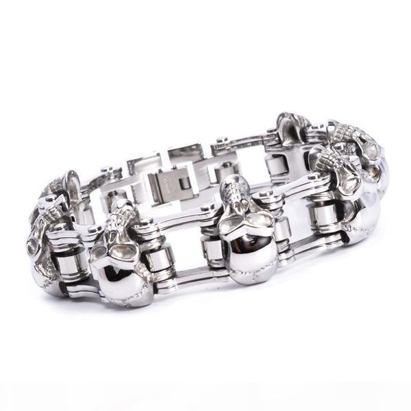 

personality punk titanium steel skull biker bicycle chains bracelets exaggerated wristbands bangle trenyd jewelry brace lace high polished, Golden;silver