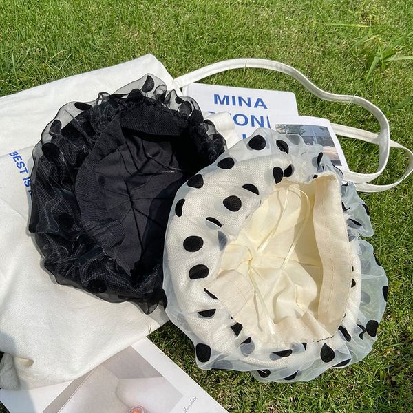 

minority polka dot lace beret lace beret women's thin foreign style korean versatile hipster small head hat, Blue;gray