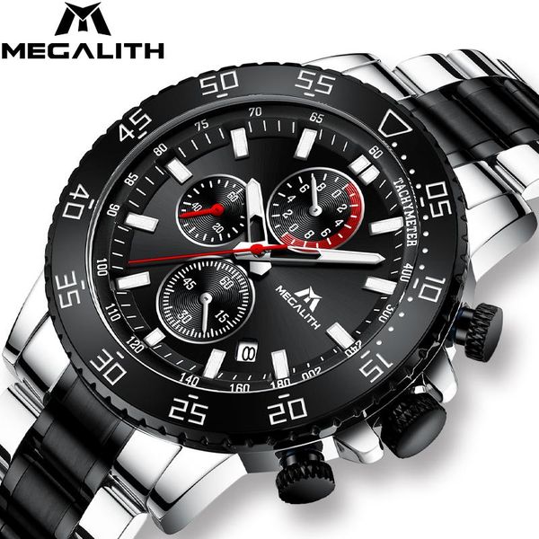

megalith military watches men stainless steel band waterproof quartz wristwatch chronograph clock male fashion sports watch 8087, Slivery;brown