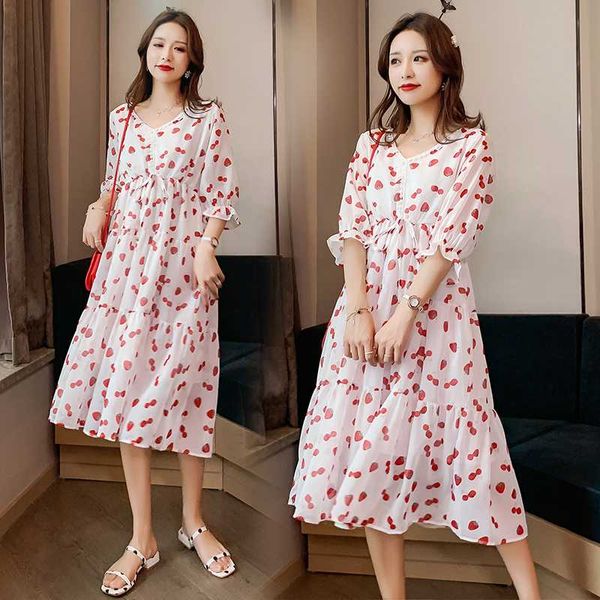 

6526# maternity clothes summer chiffon short sleeve loose stylish v neck dress for pregnant women pregnancy clothes, White