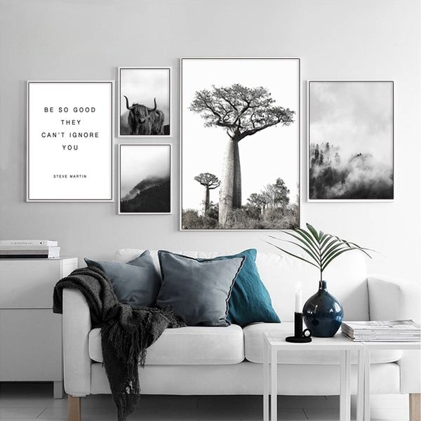

nature mountain landscape nordic poster black white cow tree scenery canvas art print wall painting scandinavian decor picture