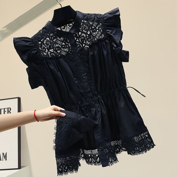

sleeveless lace chiffon shirt female summer short sleeve blouse shirt female hollow lace blouse blusas mujer, White