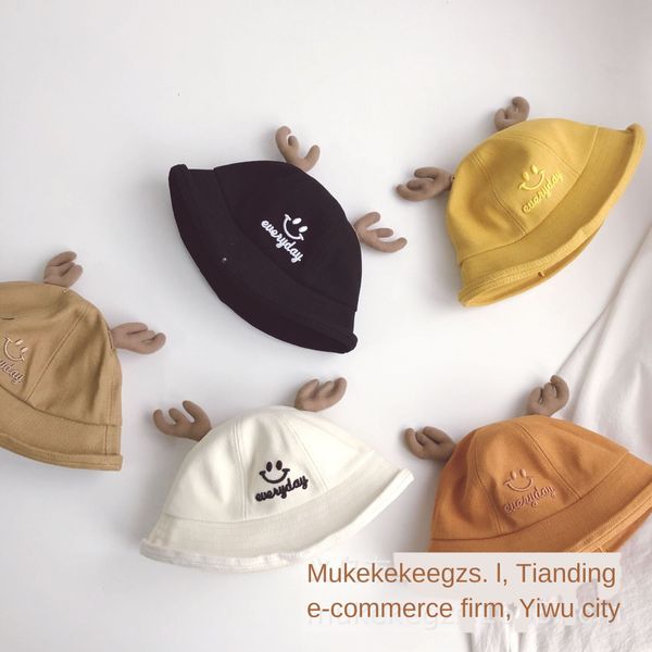 

nxmf5 tianding cute three-dimensional antler embroidery children's big edge fisherman bucket bucket embroidered fisherman chaobao shopp, Yellow