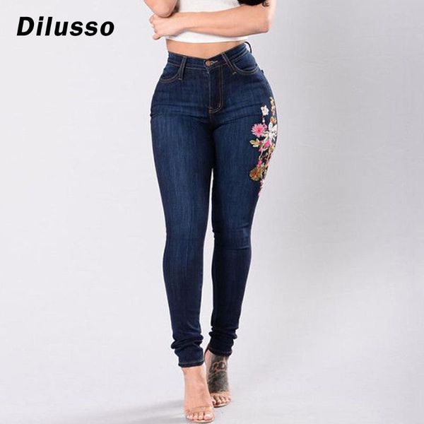 

fashion women embroidered button jeans pocket high waist denim pants skinny slim pencil 2020 new jeans#d3, Blue