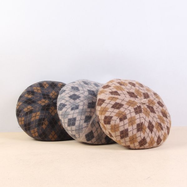 

beret season girl painter hat wool beret wool woolen woolen british beilei versatile korean plaid artistic pumpkin painter hat, Blue;gray