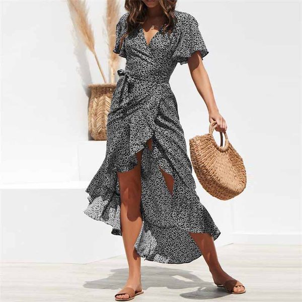 

summer beach long maxi dress women floral print boho chiffon dress ruffles wrap casual v-neck split party vestidos, White;black