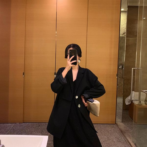 

new korean style loose black suit women's short slimming jacket jacket casual internet celebrity suit, White;black