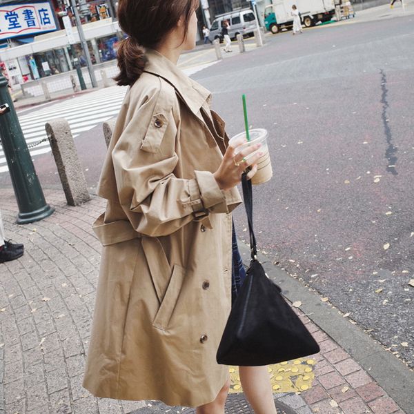 

women's trench coats [ewq] 2021 spring and autumn ladies mid-length lapel solid color double-breasted simple slim belt windbreaker wome, Tan;black
