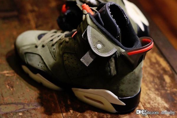 

authentic travis scott x air 6 cactus jack medium olive glow in the dark army green suede 3m basketball shoes cn1084-200 with box