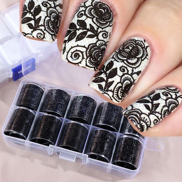

black white lace transfer foil for nails hollow flower sliders decals manicure nail art decorations stickers decor ch1017