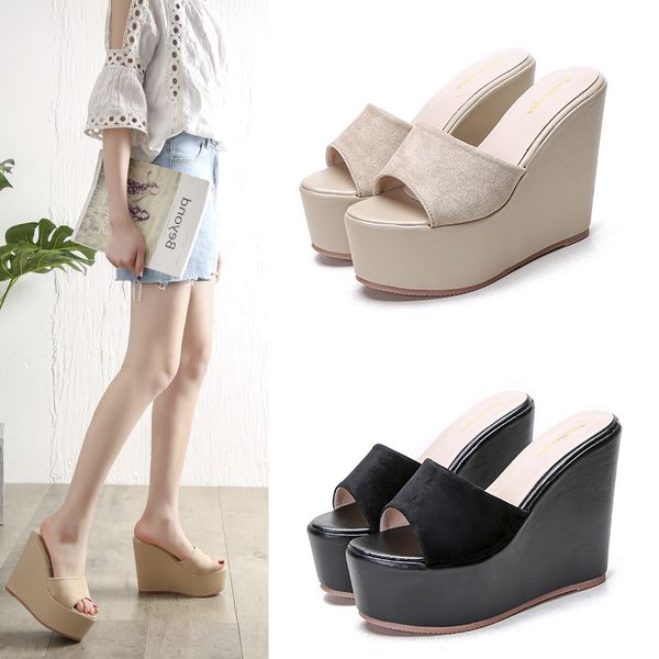 

14cm high heels platform sandals women thicken bottom wedges slippers velvet beach sandals mujer open toe muffins flipflops shoe, Black