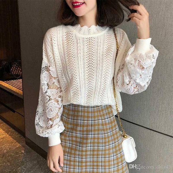 

women's new sweater autumn 2019 loose and thin versatile design sense hollow lace sleeve thin knitwear, White;black