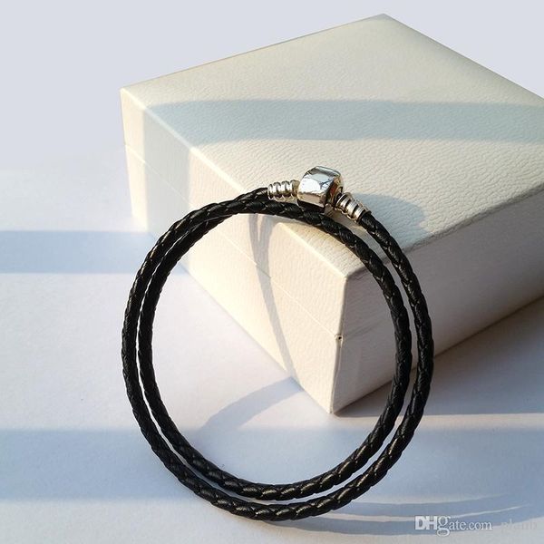 

мода женщин 925 sterling silver real black двухслойный кожаный браслет pandora приспосабливать шарики шармов ювелирных мужчин mens браслет, Golden;silver