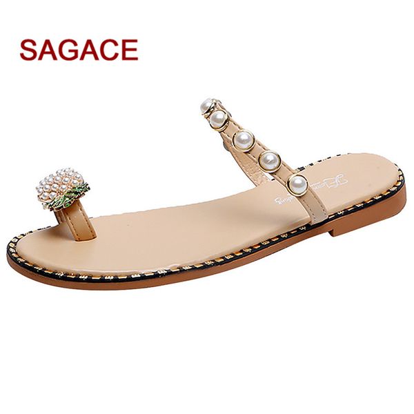 

fashion women girls pearl flat bohemian style casual sandals slippers beach shoes, Black