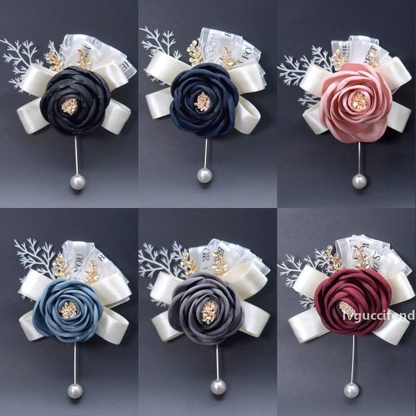 

pearl silk flowers cloth brooch artificial flower leaf boutonniere bride groom corsage brooches wedding ceremony party pin brooch