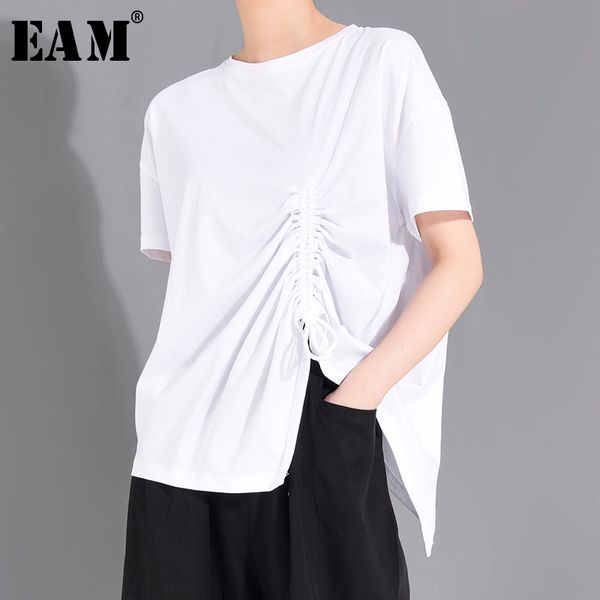 

eam] women white drawstring irregular stitch t-shirt new round neck short sleeve fashion tide spring summer 2020 1w25200