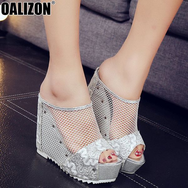 

summer mesh air rivet peep toe women's slippers super high wedge heels height platform lady mujer party slippers shoes r514, Black