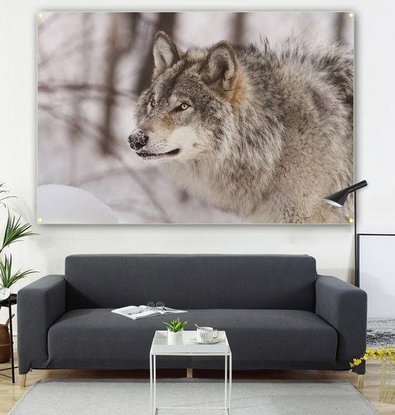 

a wolf in the snow hangs a picture and a flag, the living room is decorated, the sofa background is 600d, 4 buttons are 100 * 150cm