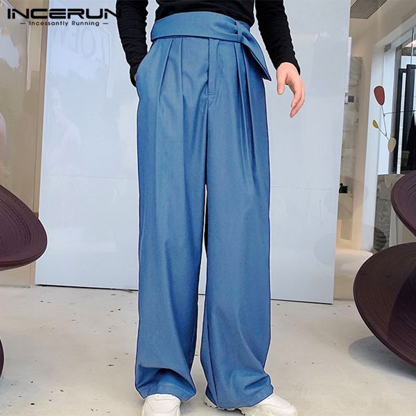 

men's pants incerun men casual loose solid joggers elegant 2021 streetwear button high waist trousers wide leg long s-5xl, Black