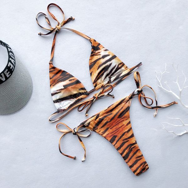 

tiger animal print bikini 2020 mujer bandage push up padded micro swimsuit high cut women bathing suit thong biquini, White;black