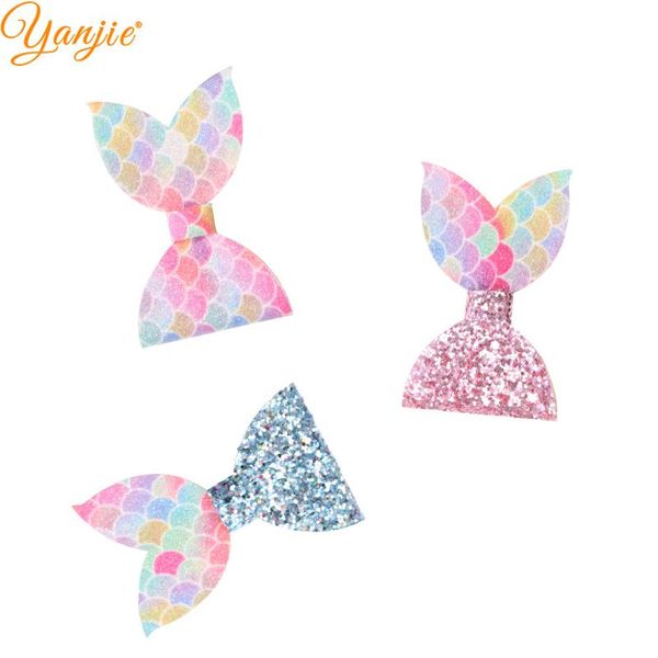 

12pcs/lot 3'' colorful mermaid hair bow hair clips girls princess glitter chunky leather hairgrips kids diy accessories, Slivery;white