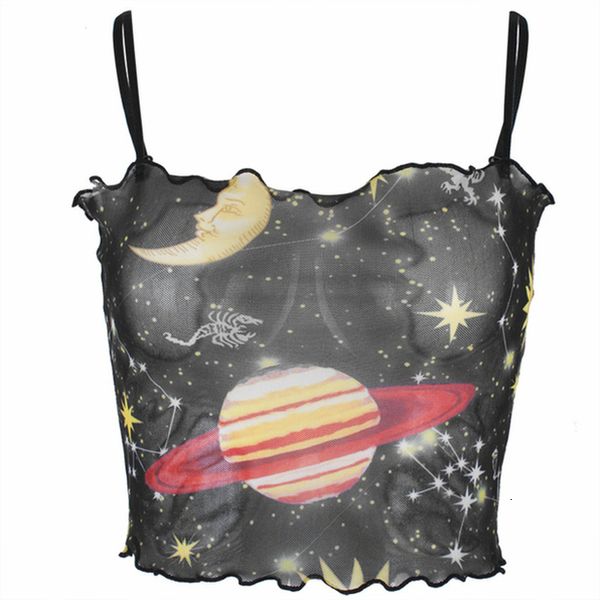 

2020 womens summer star moon cosmic print tank sleeveless see through pullover slim vest blouse crop, White