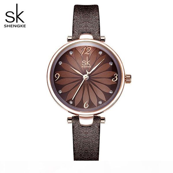 

shengke кожа часы цветов набора женщин кварцевые наручные часы кварцевые аналоговые часы женщины повседневная женские часы часы mujer, Slivery;brown