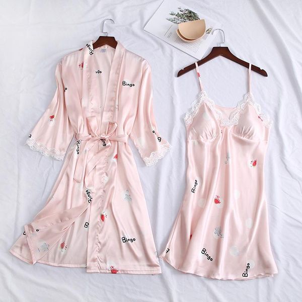 

pink satin sleepwear women 2pcs robe set bride bridesmaid wedding gown lace nightgown mini female intimate lingerie, Black;red