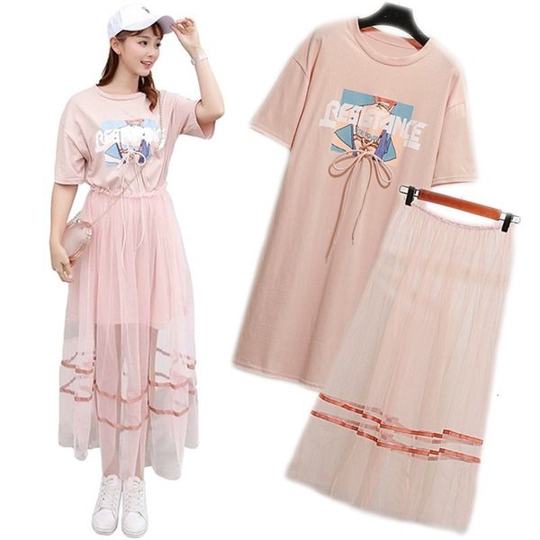 

2 piece set 2019 summer women's cotton long lace up t-shirt +mesh see through skirt sets young girls fashion streetwear suits, Gray