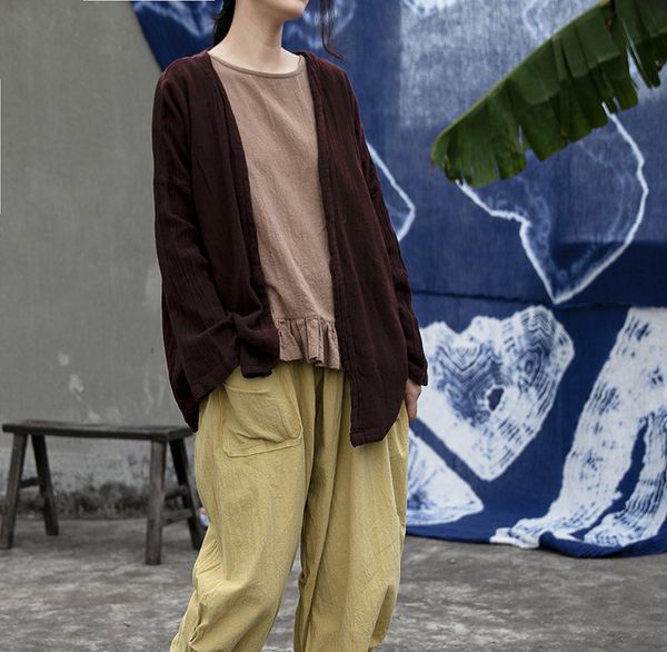 

women loose retro simple cotton linen jacket ladies vintage irregular length coat outerwear female 2020 spring autumn coat, Black;brown