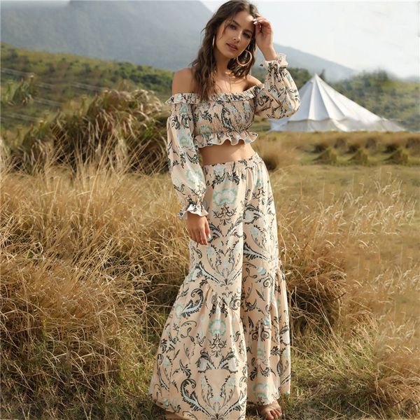 

2020 new summer fashion streetwear 2 pieces set women slash neck ruffles print loose long pants and set, White