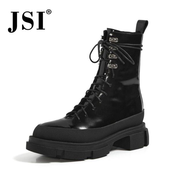 

jsi mid-calf boots winter cool woman cross-tied shoes lady black genuine leather chunky flat heel boots shoes jo592