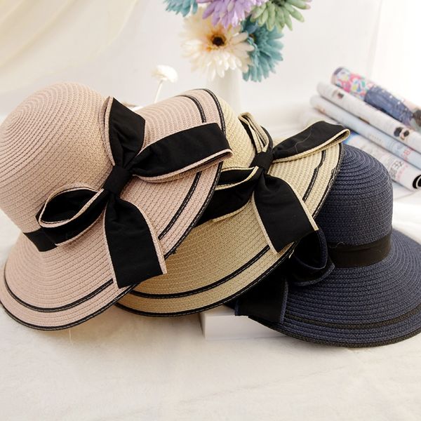 

straw female summer breeze beach screen all-match big bowknot basin travel sun straw sun hat big edge sunshade hat, Blue;gray
