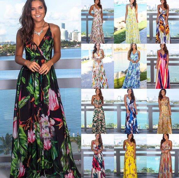 

summer women designer dresses fashion v neck floral print boho beach dress sleeveless braces skirt dresses 11 colors s-2xl, Black;gray