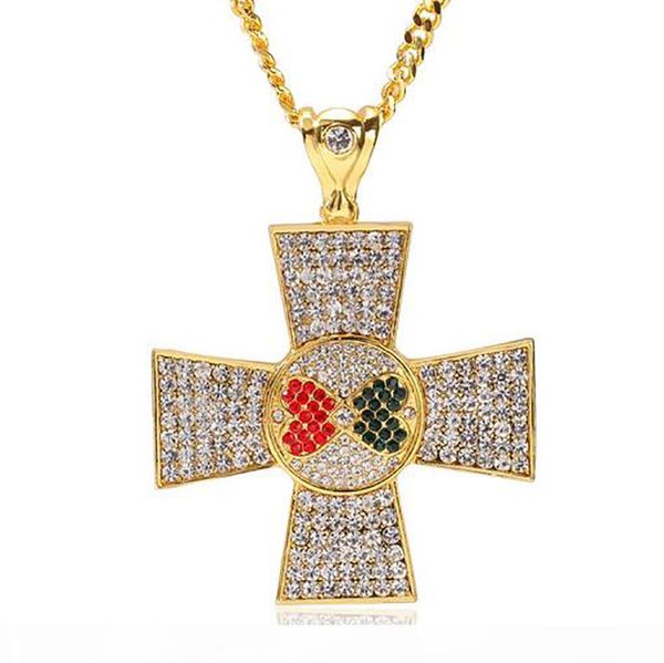 

r 14k gold plated hip hop red black love heart spilce jesus cross pendant necklace micro pave cubic zirconia diamonds dj singer accesso, Silver