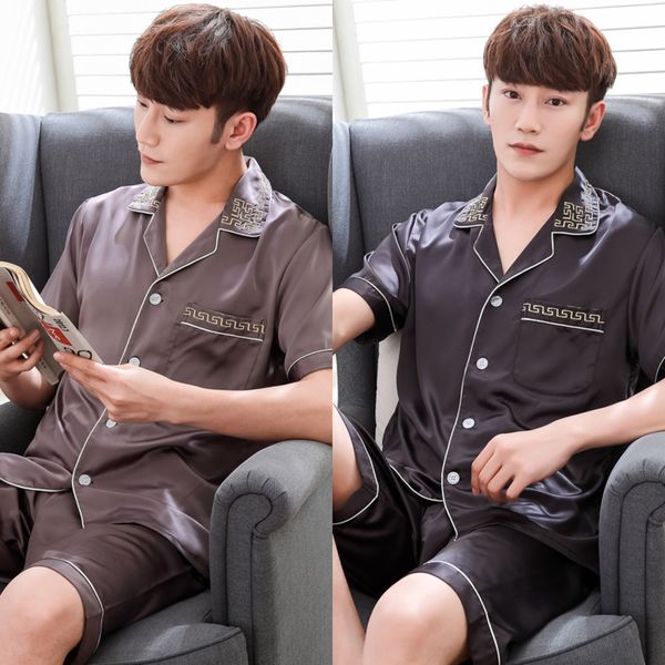 

silk and silk-like pajamas suit short-sleeved casual men's home wear silk men's pajamas large size suit, Black;brown