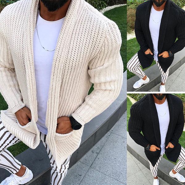 

shawl collar cardigan sweater men autumn new knitted sweater coat with pocket casual slim fit coarse pull homme beige knitwear, White;black