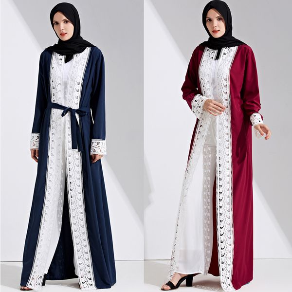 

plus size 2019 abaya kimono dubai women long lace patchwork bandage maxi muslim cardigan hijab dress turkish islamic clothing
