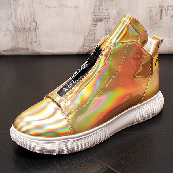 

high fashion sneakers men shoes gold silver patent leather shoes bright waterproof hip hop casual leather boots men loafers, Black